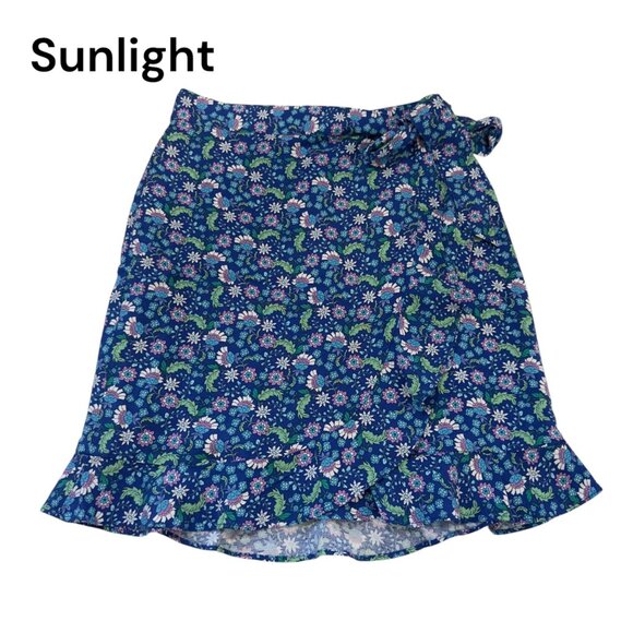 LOFT Floral Wrap Skirt With Ruffle Hem Blue/Green Womens Petite 2P Linen Blend - Picture 1 of 9